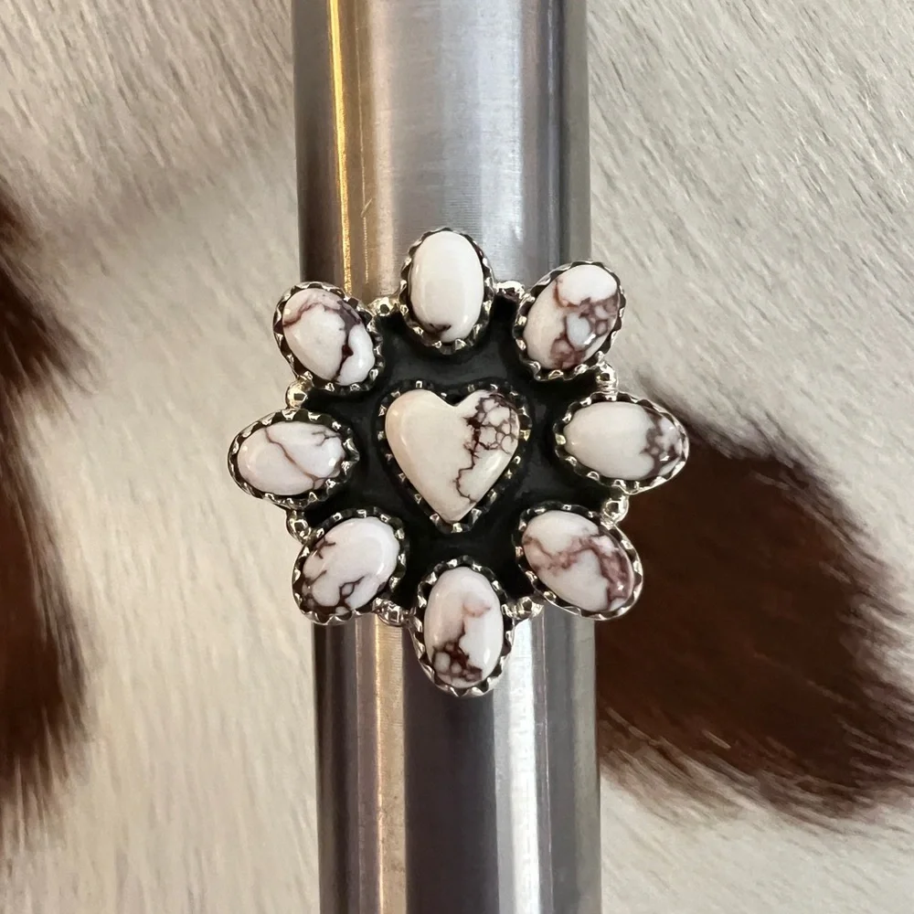 ❤️ Wild Horse Jasper Navajo Cluster Ring w Heart Center Adjustable Ring 9.1 Gm - Picture 7 of 14